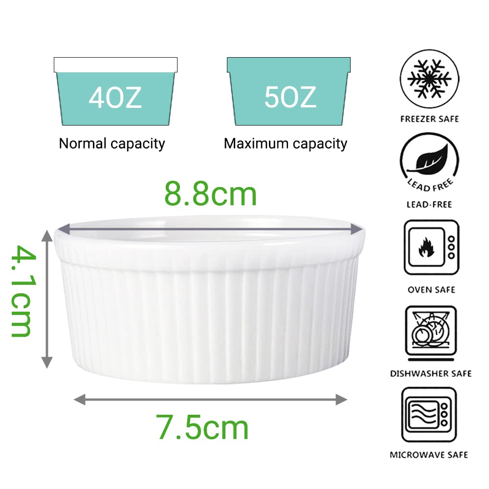BPFY Set of 6 4 oz White Porcelain Ramekins Bakeware, Ceramic Souffle Dishes, Baking Cups for Custards, Pudding, Creme Brulee, French Onion Soup Bowls
