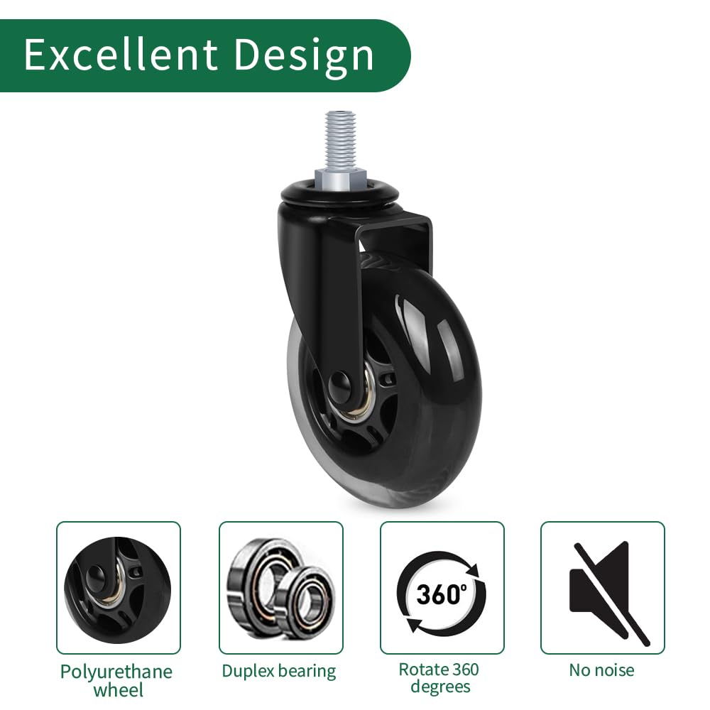 8T8 Replacement Office Chair Caster Wheels, M8-1 Threaded Stem Soft PU Rubber Safe for Hardwood Set of 5 (Black, Screw Stem)