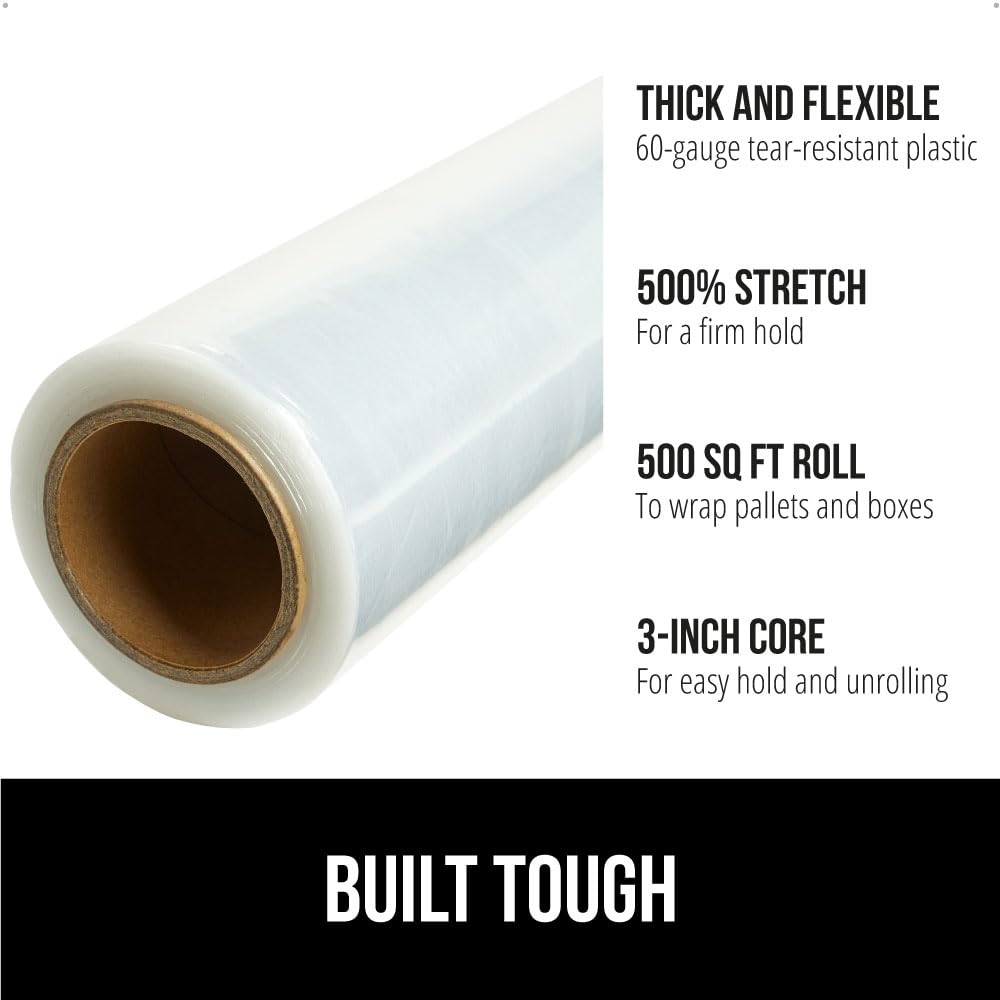 GORILLA GRIP 500% Stretch Film Heavy Duty Plastic, 500ft Shrink Wrap Roll 10" Puncture Resistant, Industrial Strength for Shipping, Pallet Storing, Moving, Packing Furniture Protection 1 Pack Clear