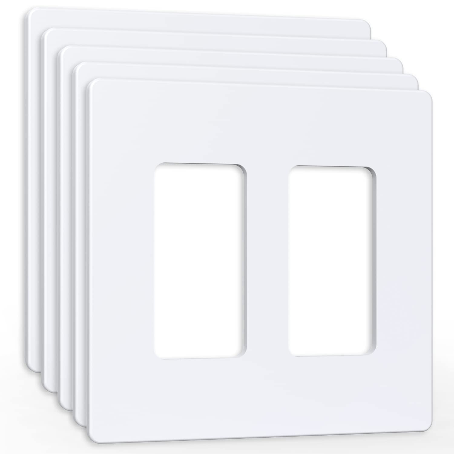 Amerisense Outlet Cover, Screwless Decorator Wall Plate, Light Switch Power Plug Cover, 2-Gang Standard Size, White, 5 Pack,UL Listed