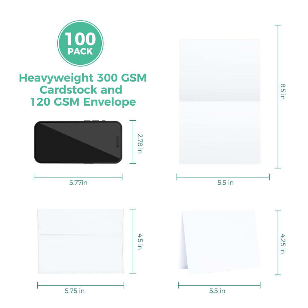 Ohuhu 100 Pack White Blank Cards and Envelopes, 4.25 x 5.5 Heavyweight Folded Cardstock and A2 Envelopes for DIY Greeting Card, Wedding, Birthday, Invitations, Thank You Cards & All Occasion