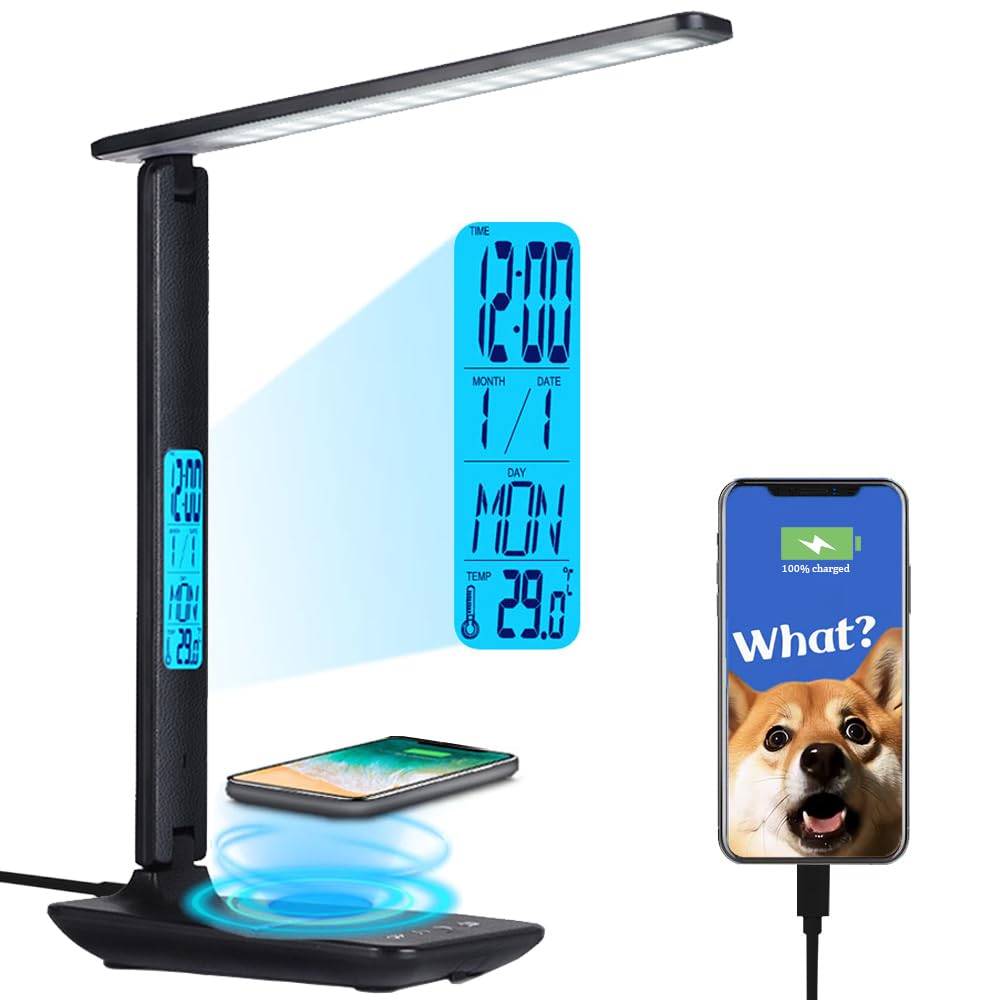 wanjiaone Multifunctional LED Desk Lamp with Wireless Charger,USB Charging Port,Clock,Phone Holder,Desk Lamps for Home Office,Eye-Caring Reading Lamp,Study Lamp for Boys,Girls,Teens (Black-tx26)