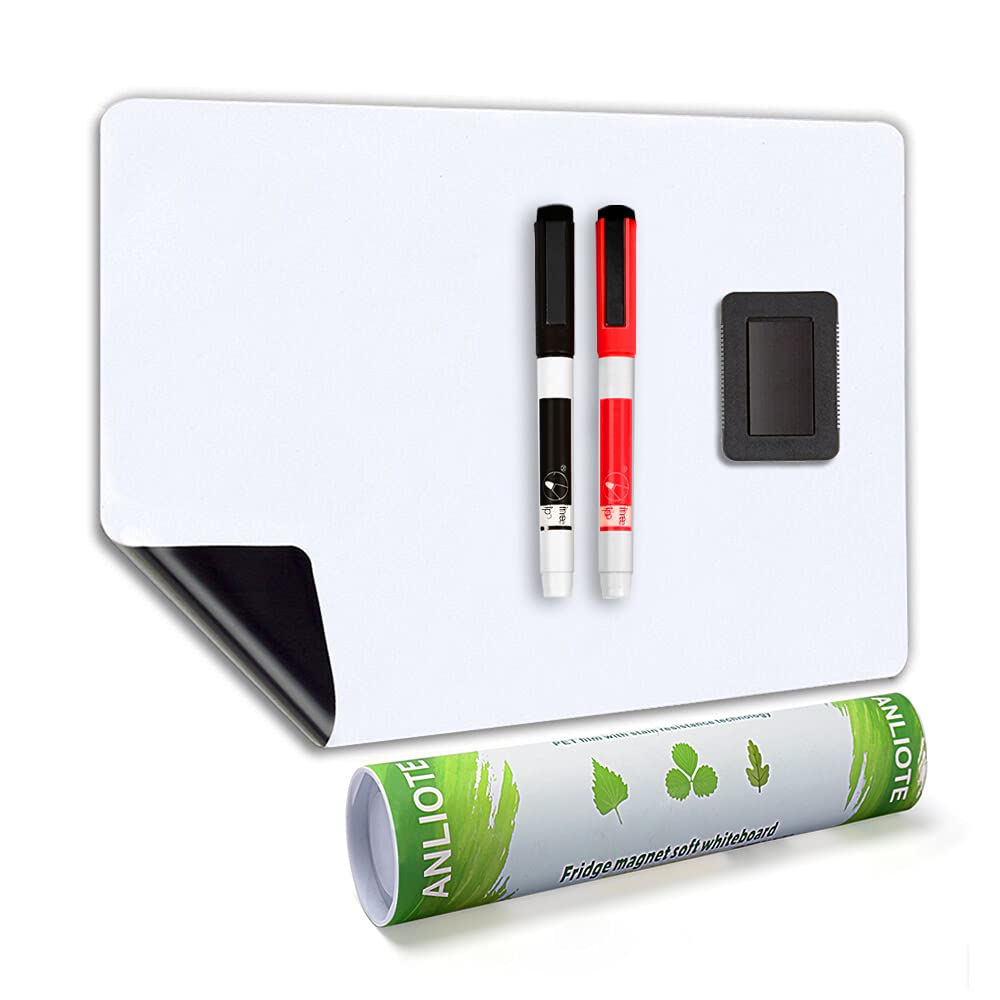 ANLIOTE Whiteboard Magnetic Fridge White Board Sheet 20"x13", Easy to Write and Wipe, Magnet Dry Erase Board for Home Kitchen Refrigerator Shopping List Planner Office Notice, 2 Marker Pens & Eraser