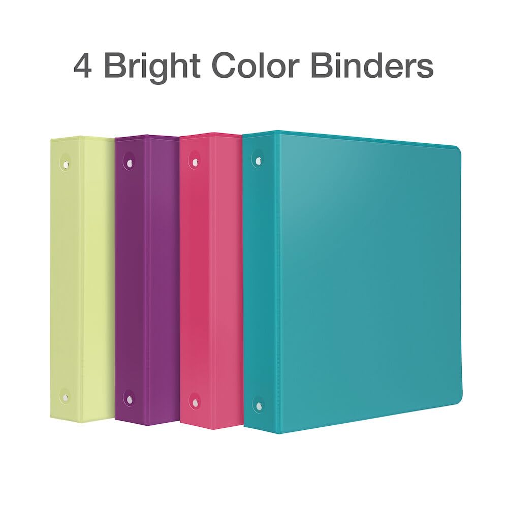 Cardinal Binders, 3-Ring, 1.5 Inch, 350-Sheet Capacity, Assorted Colors 4-Pack (Pink, Teal, Purple, Lime), Customizable Covers, Non-Stick with Pockets, for School, Office or Projects