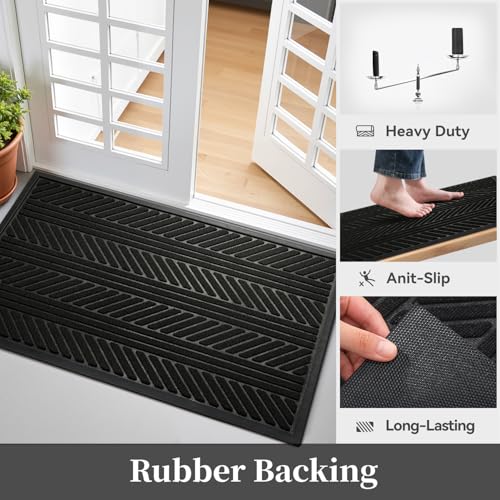 Front Door Mat Outdoor Mat Indoor Doormat for Entrance Mat Entryway Rug Heavy Duty Non Slip Rubber Absorbent Entry Rug Dirt Scraping Shoe Mat 60x90cm Black
