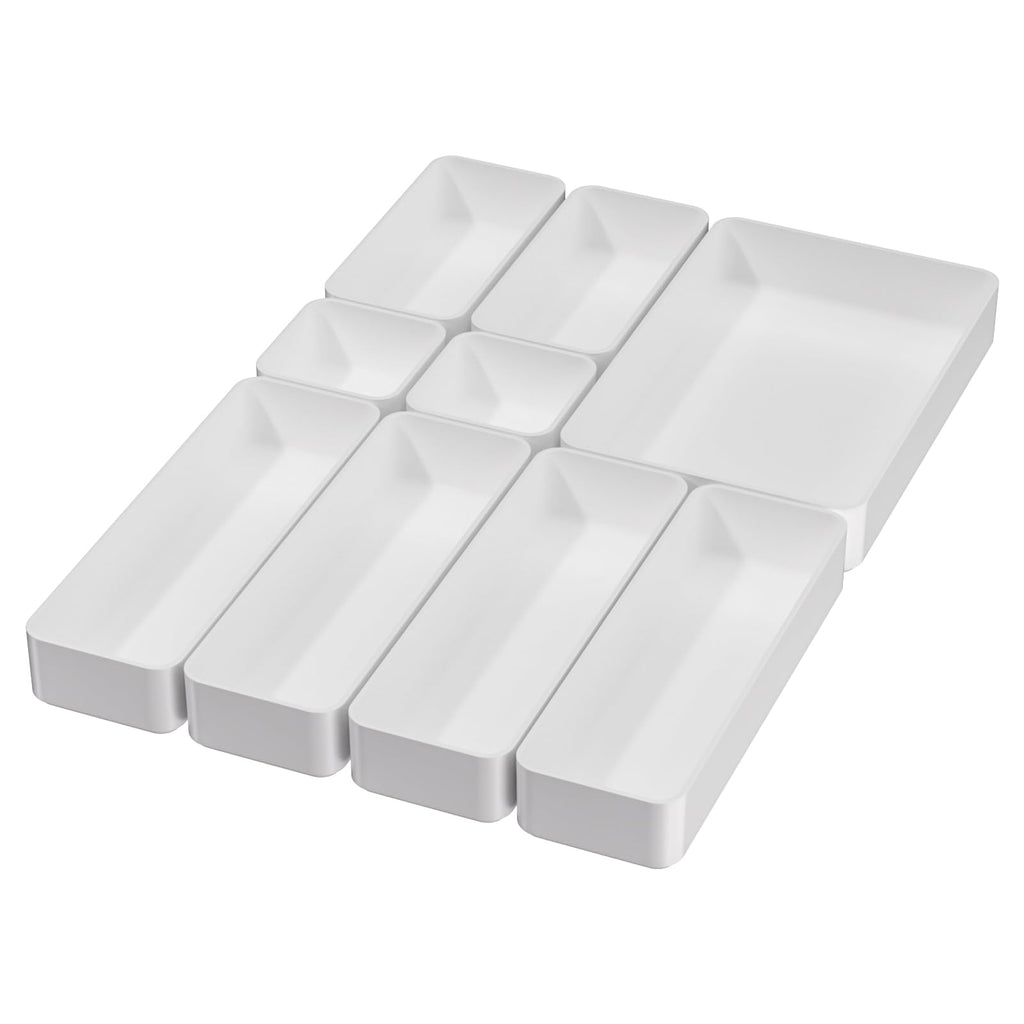 9 Pcs Stackable Drawer Organizer Trays Set, Multifunctional Stackable Storage Trays for Vanity, Bathroom, Kitchen, Desk Drawer Organizer Office. Plastic Drawer Organizers.