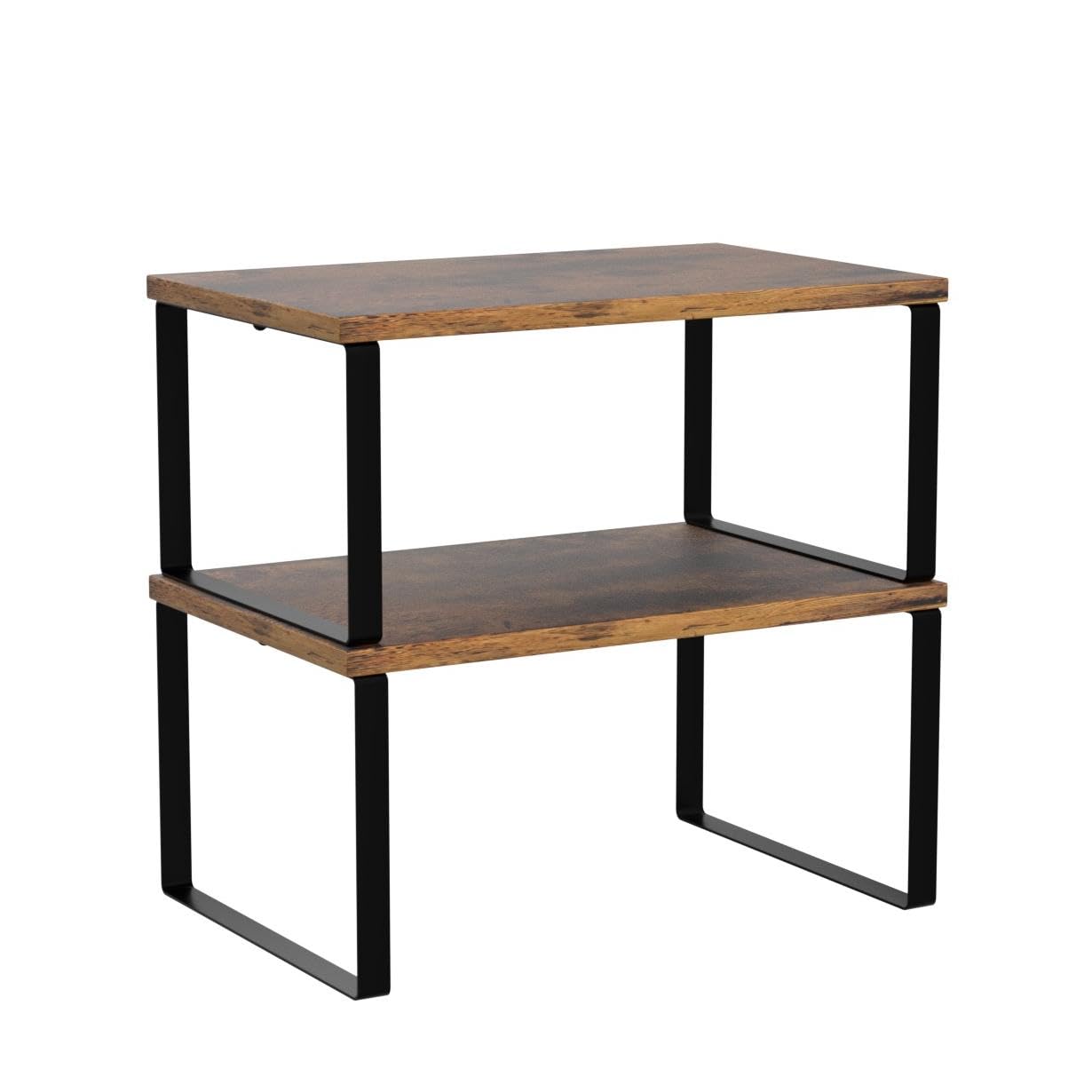 Cabinet Shelf Organizers, Set of 4 Wood and Metal Kitchen Storage Racks, Stackable Countertop Shelves, Expandable Pantry and Cupboard, Modern Black and Brown
