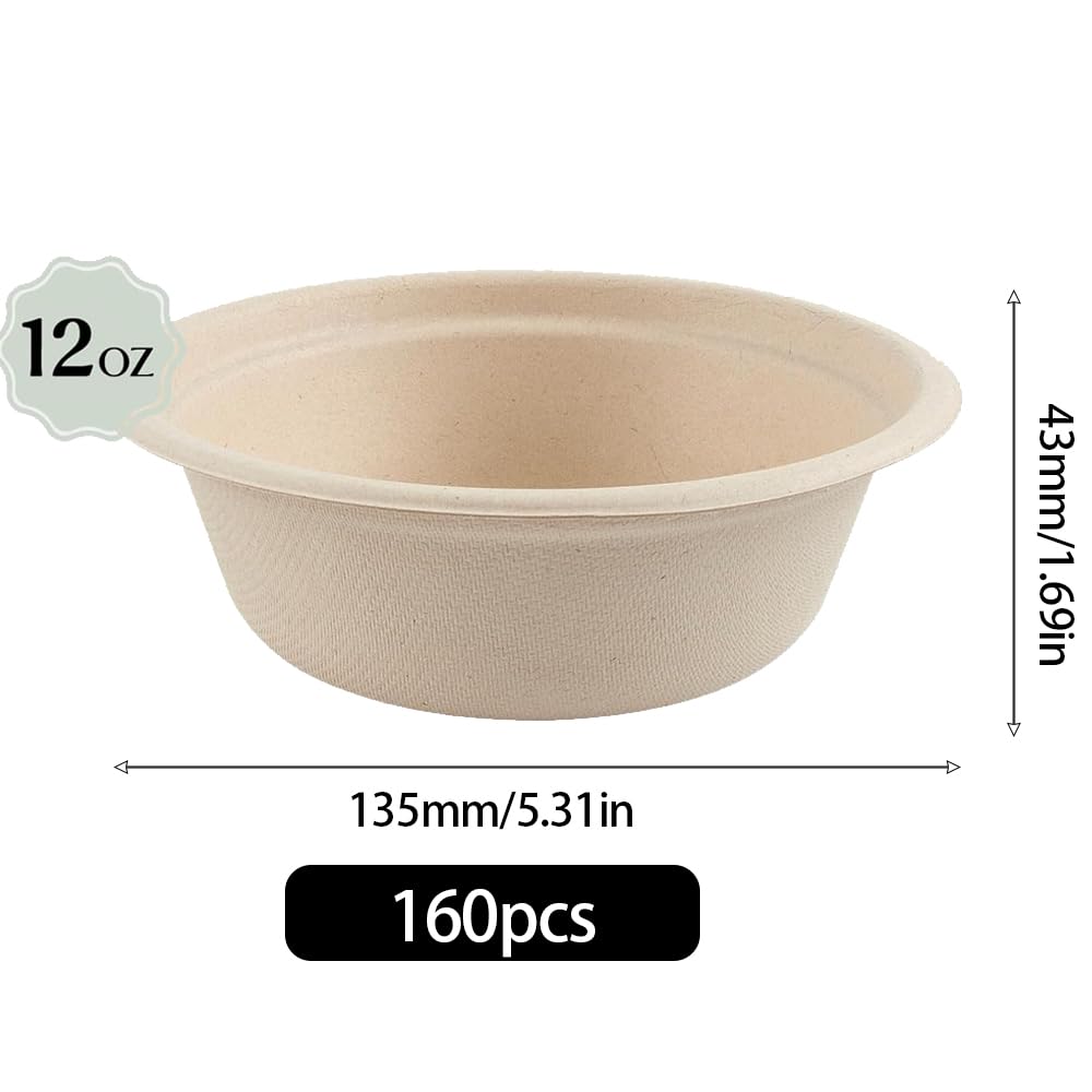 160 Pcs 12 Oz Paper Bowls Compostable Biodegradable Disposable Soup Bowls Bulk Duty Round Eco Friendly Sugarcane Bowls Hot Cold Food Plates and Bowl for Salad Dessert Camping Set (160, 5.31*1.69inch)