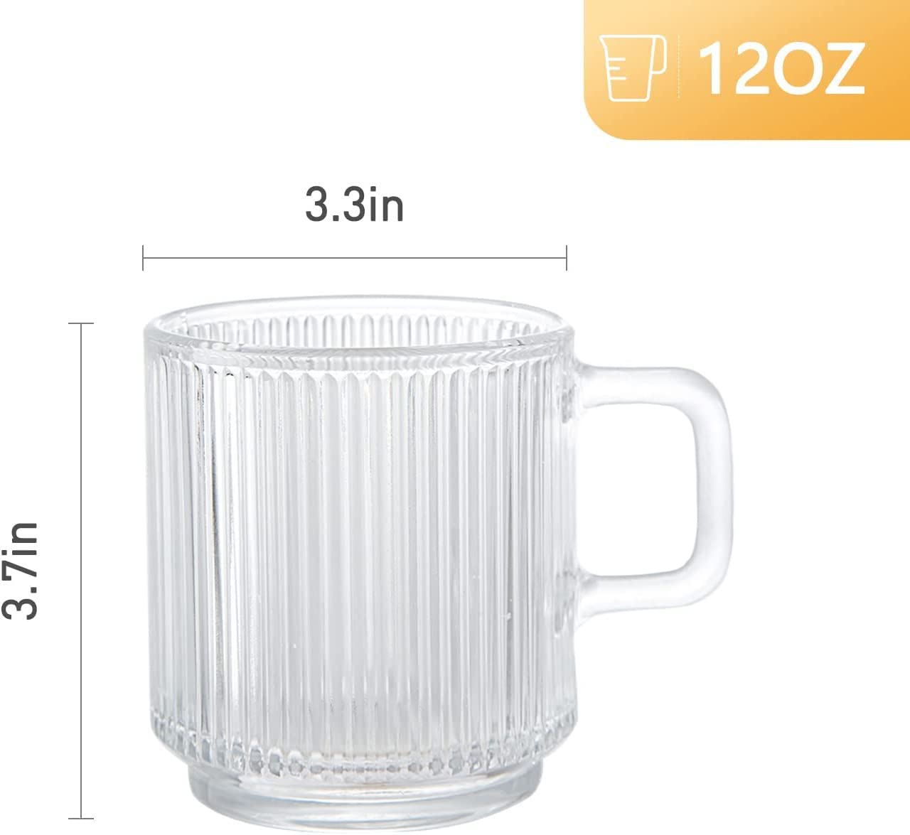 D.M DESIGN·MASTER [6 Pack, 12 OZ] - Premium Glass Coffee Mugs with Handle, Classic Vertical Stripes Tea Cup,Transparent Tea Glasses for Hot/Cold Beverages.