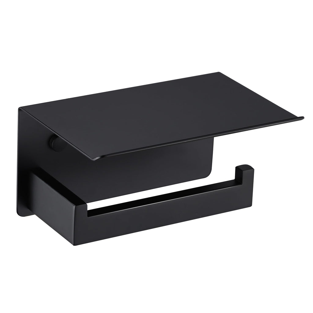 LANC Matte Black Toilet Paper Holder with Shelf Toilet Tissue Roll Holder with Phone Shelf for Bathroom Wall Mounted or Self-Adhesive Toilet Paper Roll Holder Stainless Steel, A8367MB