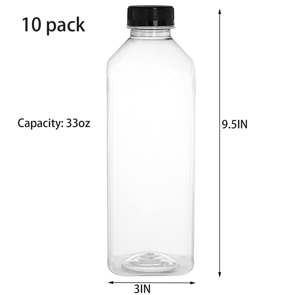 Cedilis 10 Pack 33oz/1L Plastic Juice Bottles with Black Cap, Clear Reusable Containers with Lids, Great Disposable Bottles for Making Juice, Milk, Salad Dressing, Smoothie and Other Beverages