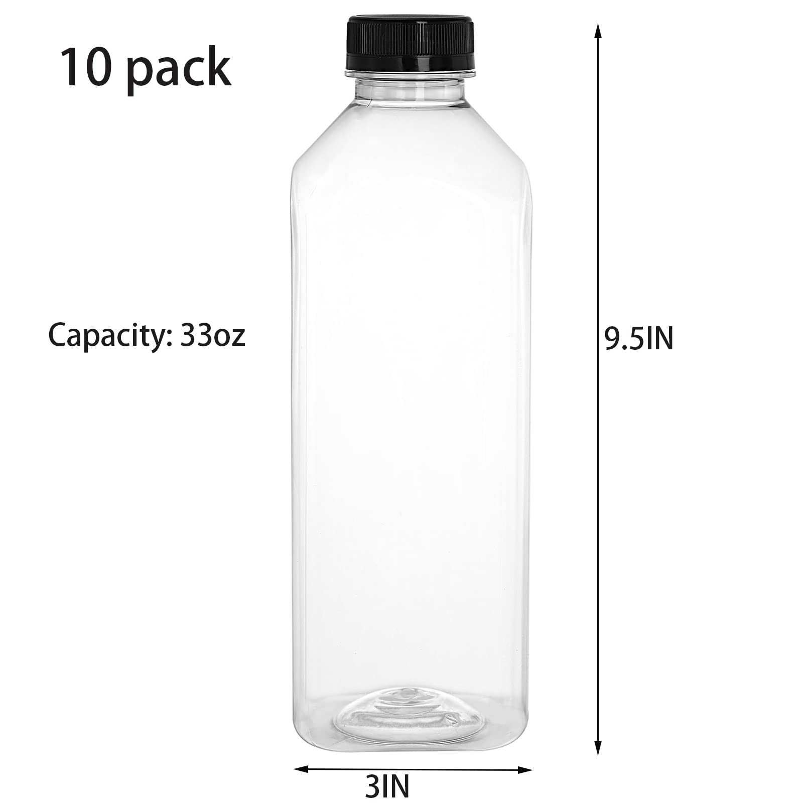 Cedilis 10 Pack 33oz/1L Plastic Juice Bottles with Black Cap, Clear Reusable Containers with Lids, Great Disposable Bottles for Making Juice, Milk, Salad Dressing, Smoothie and Other Beverages