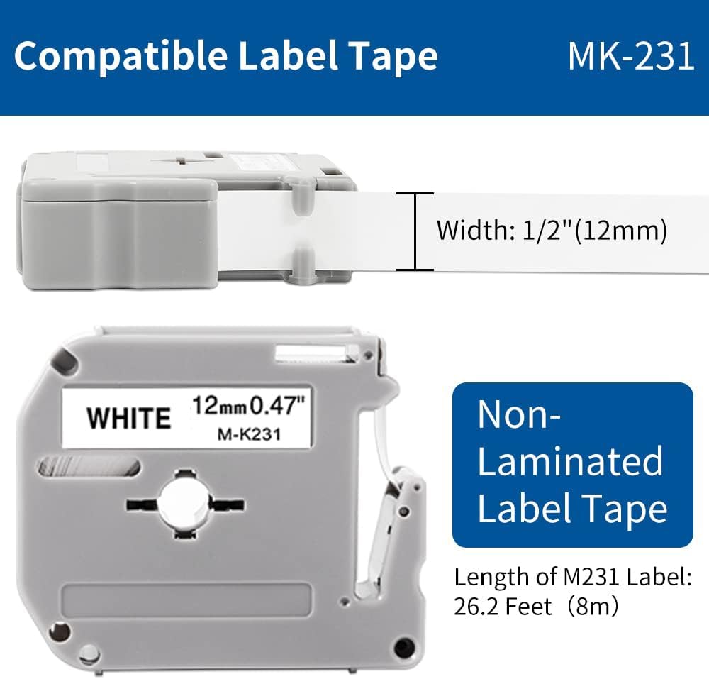 M-K231 Compatible with Brother P-Touch M Tape PT-M95 MK231 M231 12mm 0.47Inch Label Maker Tape for Brother PTM95 PT-70 PT-90 PT-65 PT85, Black on White, 1/2'' x 26.2', 4-Pack