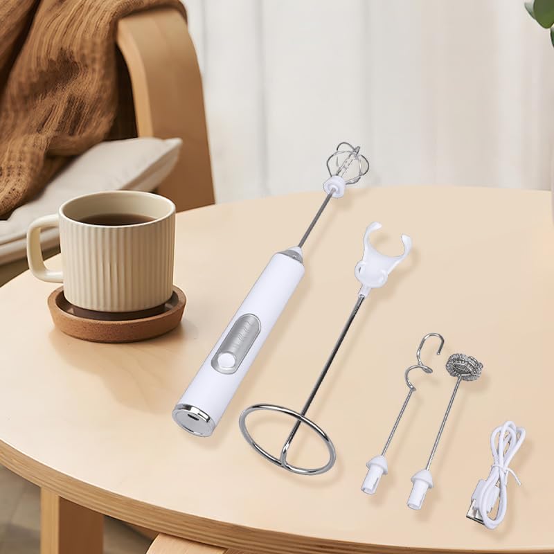 Milk Frother, Handheld Foam Maker, Waterproof Detachable Whisk Drink Mixer USB Rechargeable Blender with Stainless Steel Whisks for Coffee, Matcha, Latte,Egg(White)