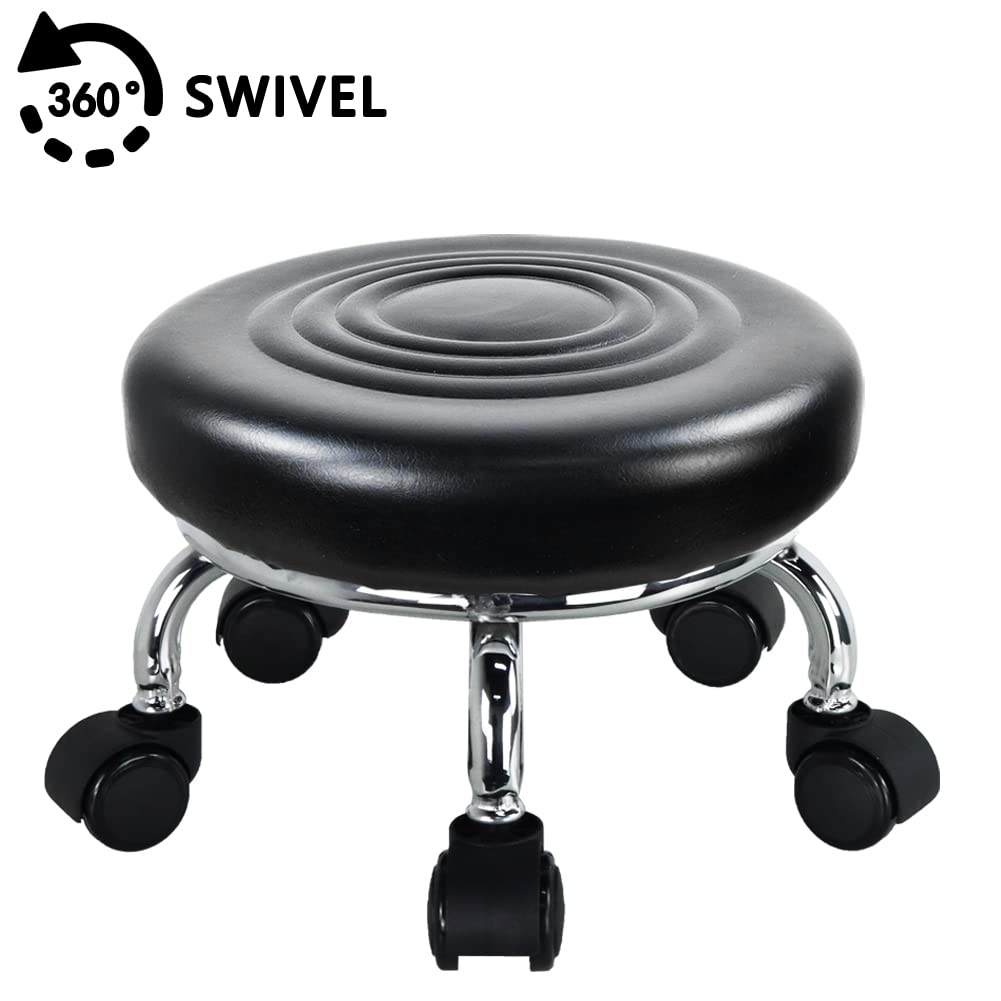 WKWKER Modern Roller Seat PU Leather Low Round Rolling Stool 360° Swivel Small Stool with Universal Caster Wheels Foot Stool for Home Office Garage Shop Fitness Sport H：8.4" （Black）