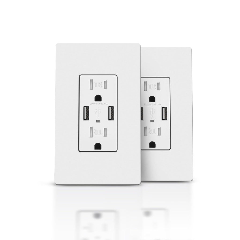 TOPELER 2Pack USB Wall Outlet, Receptacle Outlet with 4.8A Charging Capacity, 15A Tamper Resistant Electrical Socket, Screwless Wall Plate Included, UL & FCC Approved, White