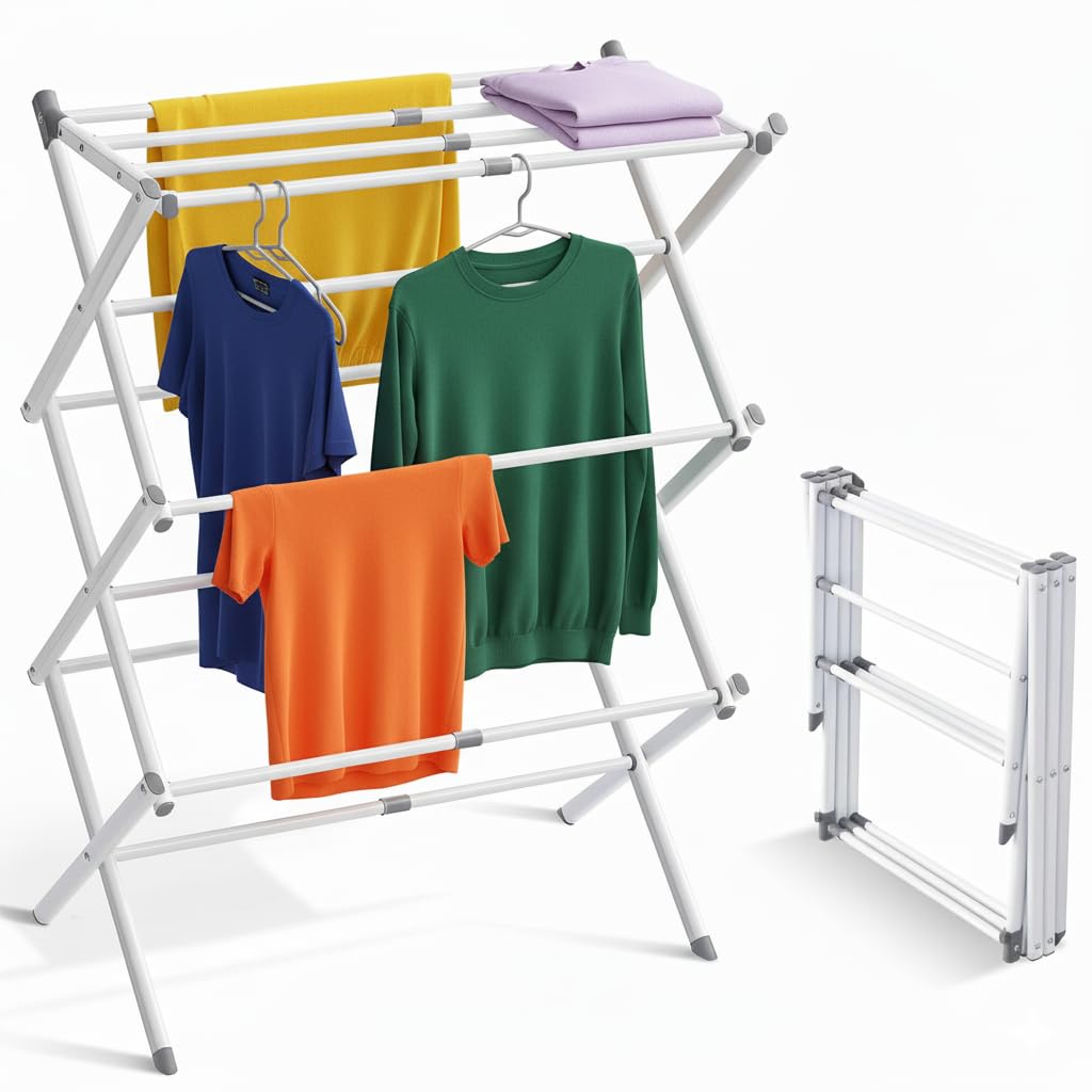 Stanz (TM) Large Expandable Clothes Drying Rack Fold Away Laundry Rack Collapsible 3 Tiers Clothes Drying Rack Steel Max. 30" / 76CM Long No Assemble Needed, Ready to Use