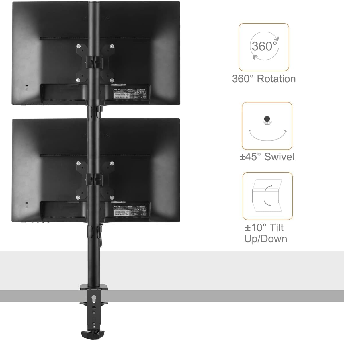 Bracwiser Dual Vertical Fully Adjustable Monitor Arm Stand Mount Fits Two Screen 13-32 inch 22lbs for Monitor Computer Screen 13 15 17 19 20 22 23 24 26 27 32 inch VESA 75 100 (MD7802)