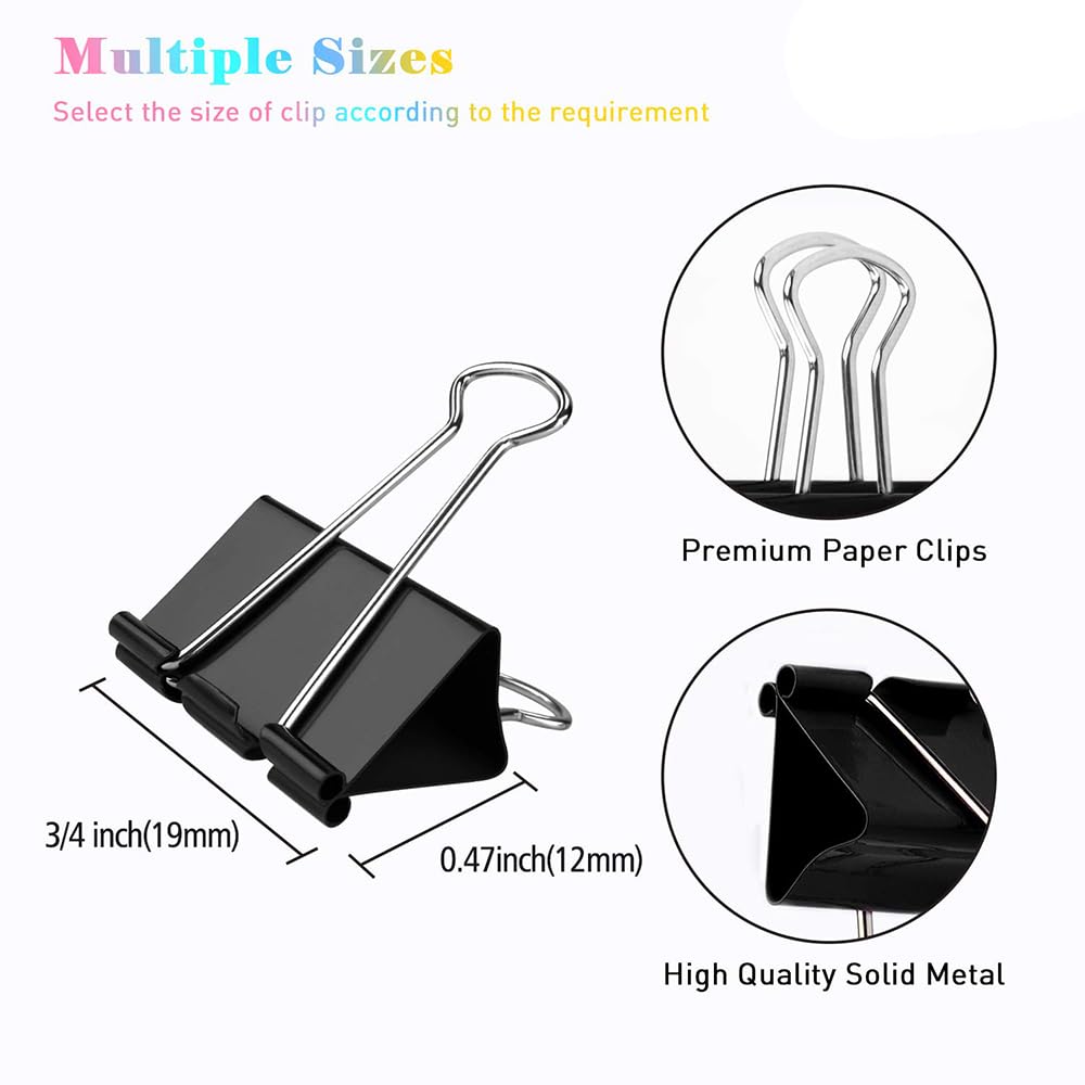 Small Binder Clips, 144 Pack, 3/4 Inch, Standard 19mm, Black, Capacity 0.31 Inch, Mini Paper Clips, Fold Clamp, Office and School Supplies