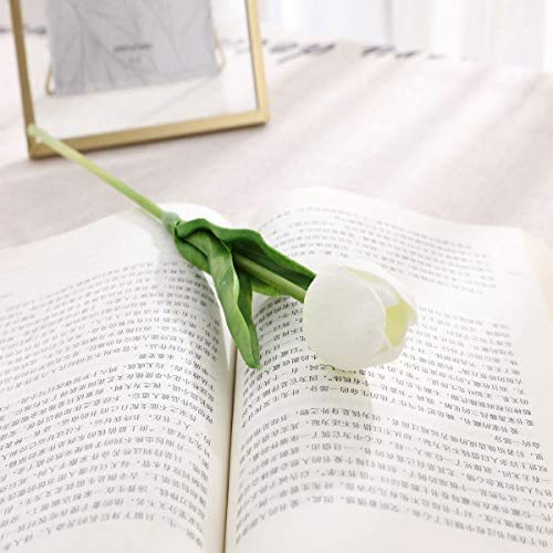 DecoForU 15 Pcs Artificial Flowers Tulips Real Touch Fake Flowers Tulips Flowers Arrangement Bouquet for Home Room Office Wedding Party Decoration(WH) (White)
