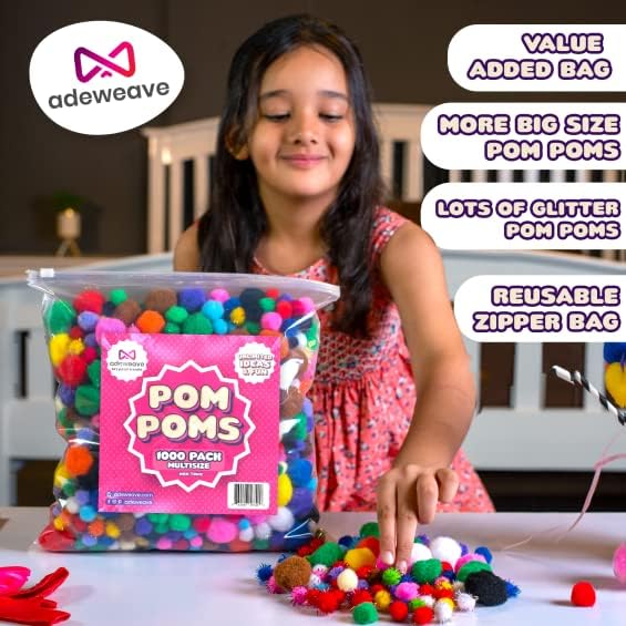 Adeweave 1000 Assorted Craft pom poms – Multicolor bulk pom poms Arts and Crafts, Pompoms for Crafts In Assorted size- Soft and Fluffy Puff Balls, Large colored cotton balls for home and school