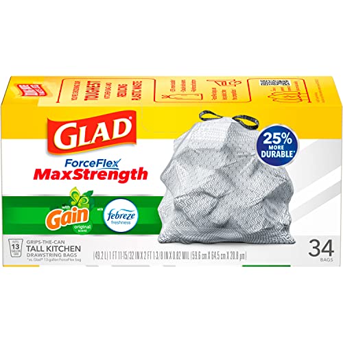 Glad Forceflex Odorshield Tall Kitchen Drawstring Trash Bags, Gain Original, 13 Gallon, 34 Count