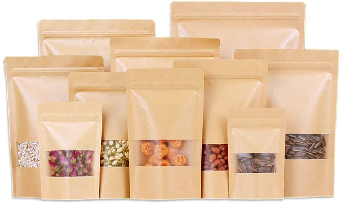 SONYANG 100 Pcs Kraft Paper Bags with Window Stand Up Pouches Bags, Zip Lock Food Storage Bags for Packaging Products, Reusable, Sealable (Brown, 7.9x11.8 inch)