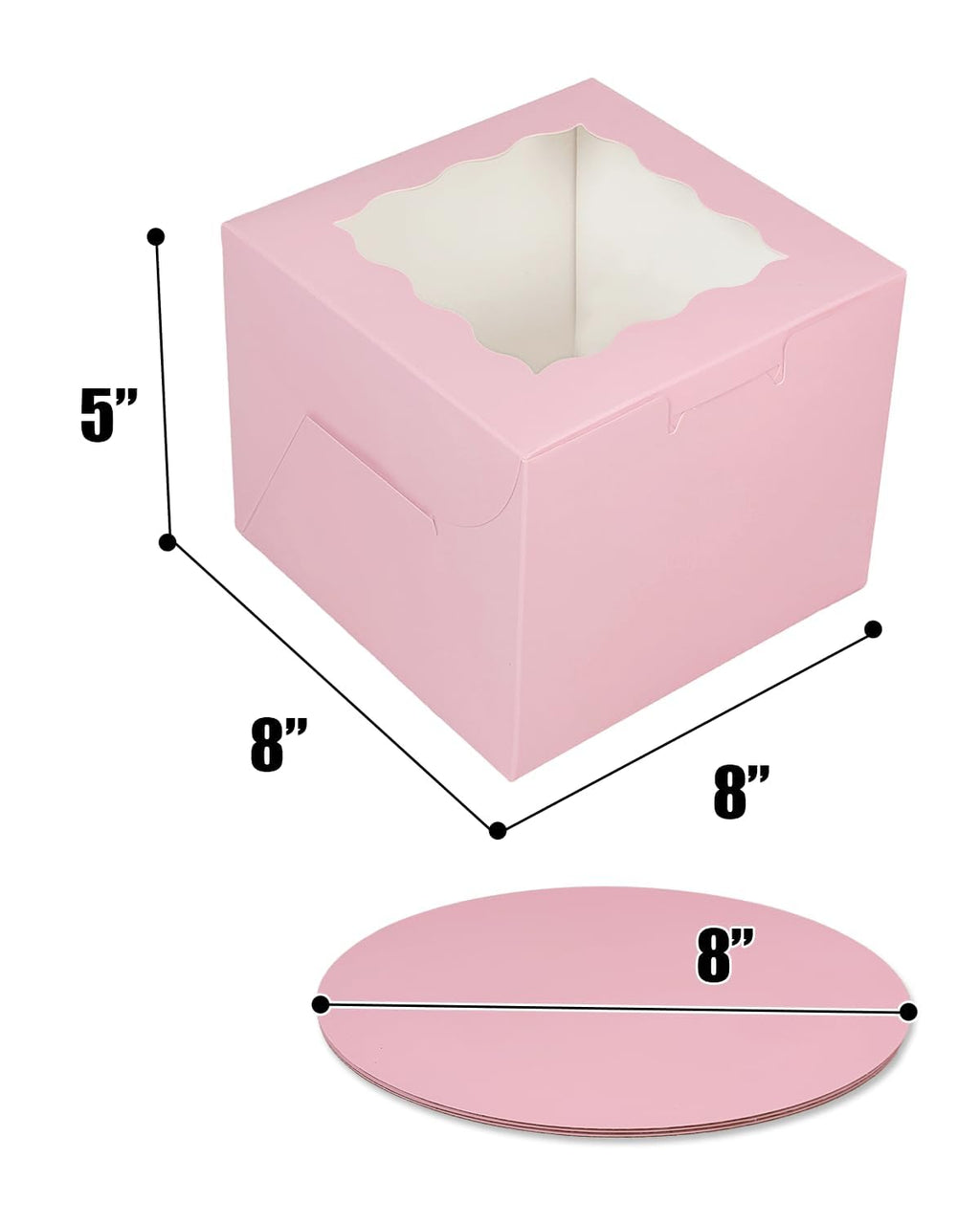qiqee 8x8x5 Cake Box, 18 Sets Pink Cake Box with Window ＆ 18 Sets 8" Pink Cake Round Boards, 8inch Cake Containers