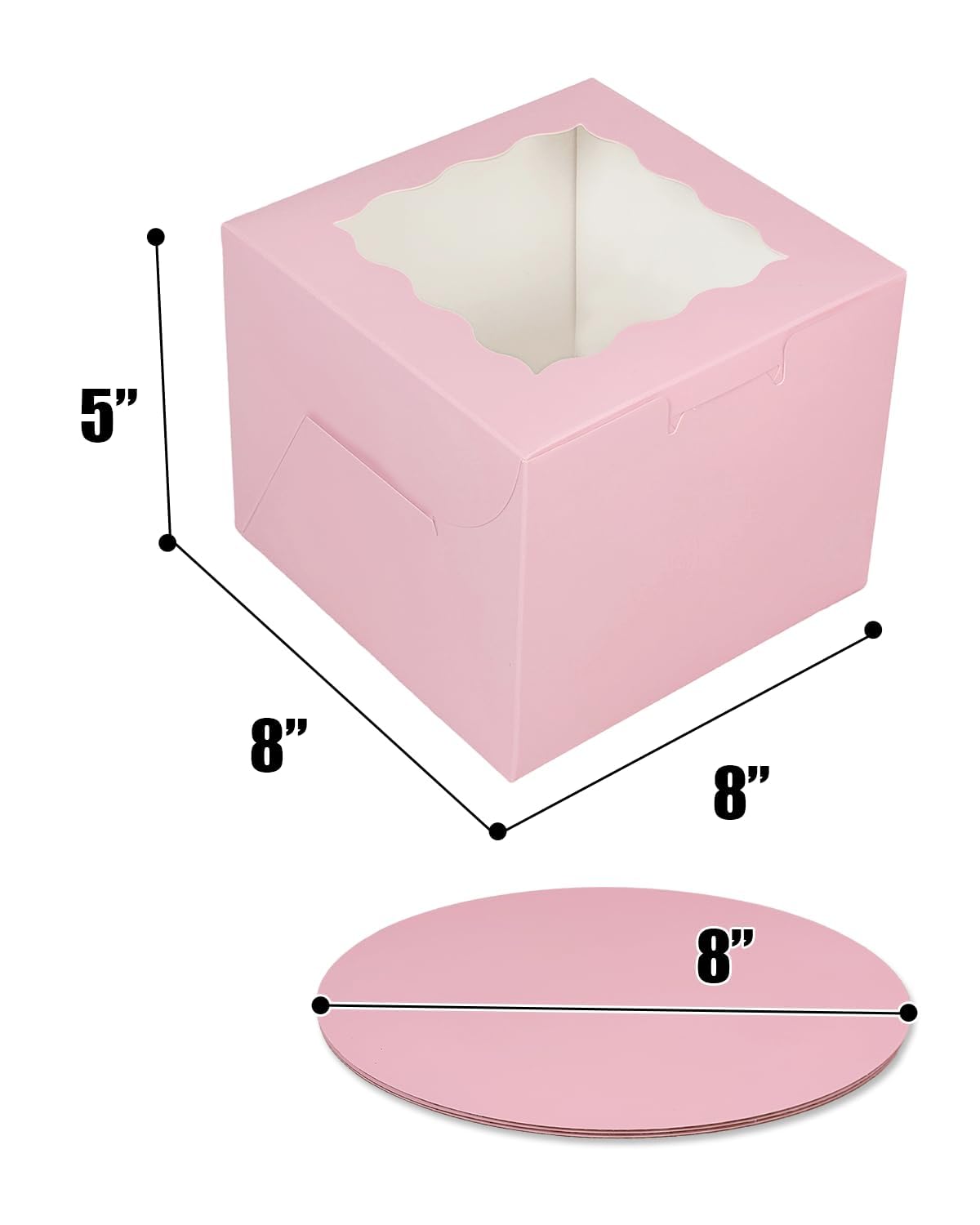 qiqee 8x8x5 Cake Box, 18 Sets Pink Cake Box with Window ＆ 18 Sets 8" Pink Cake Round Boards, 8inch Cake Containers