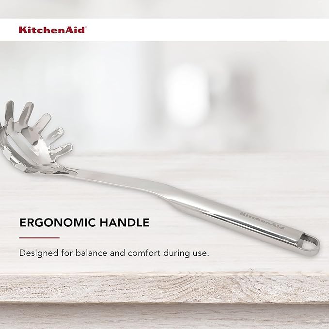 KitchenAid - Premium Pasta Server, Heat Resistant Stainless Steel Slotted Pasta Serving Spoon