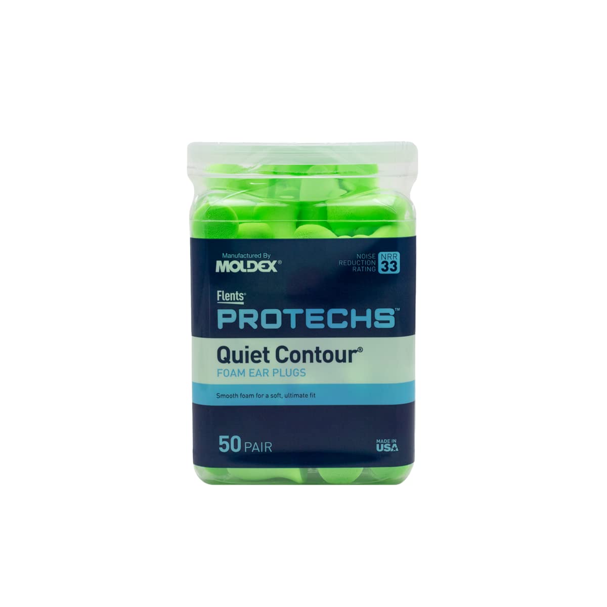 Flents Protechs Foam Ear Plugs, 50 Pair for Sleeping, Snoring, Loud Noise, Traveling, Concerts, Construction, Studying, Work, Shooting, Contour to Ear, NRR 33, Noise Cancelling, Green, Made in the USA