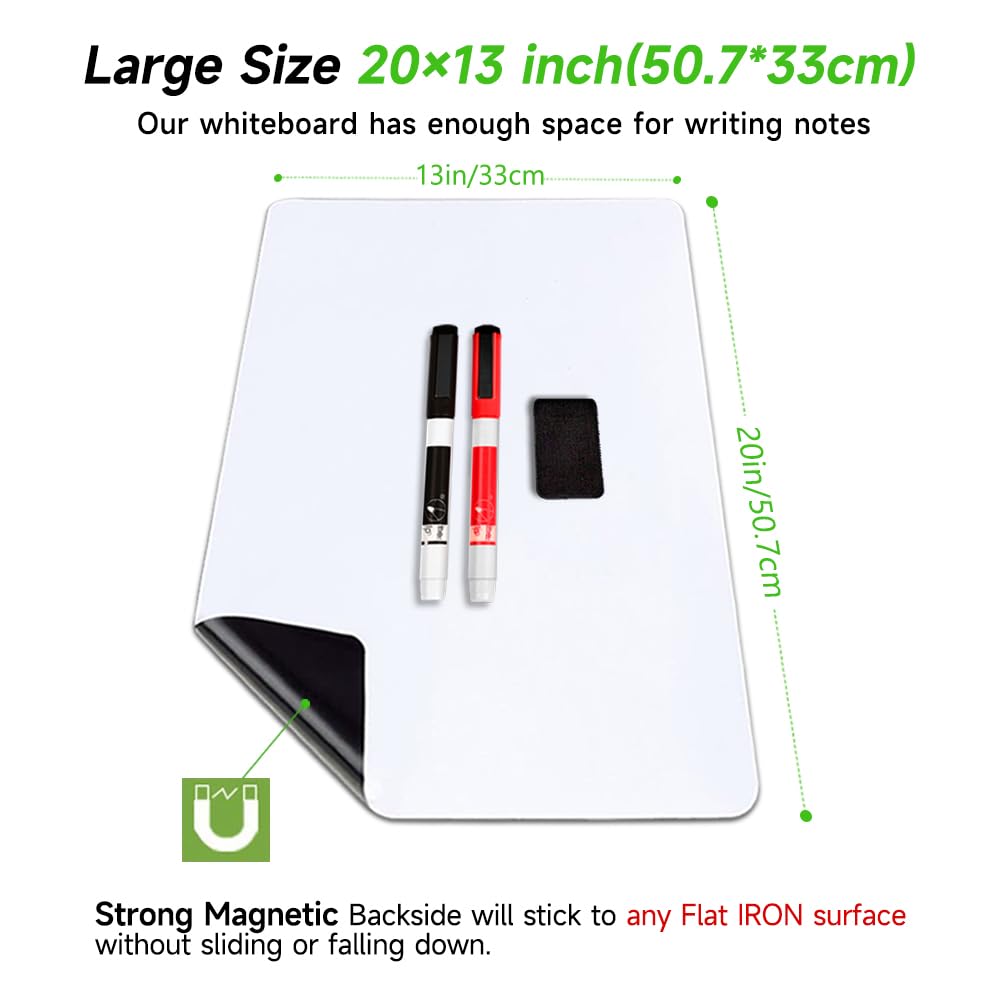 ANLIOTE Whiteboard Magnetic Fridge White Board Sheet 20"x13", Easy to Write and Wipe, Magnet Dry Erase Board for Home Kitchen Refrigerator Shopping List Planner Office Notice, 2 Marker Pens & Eraser