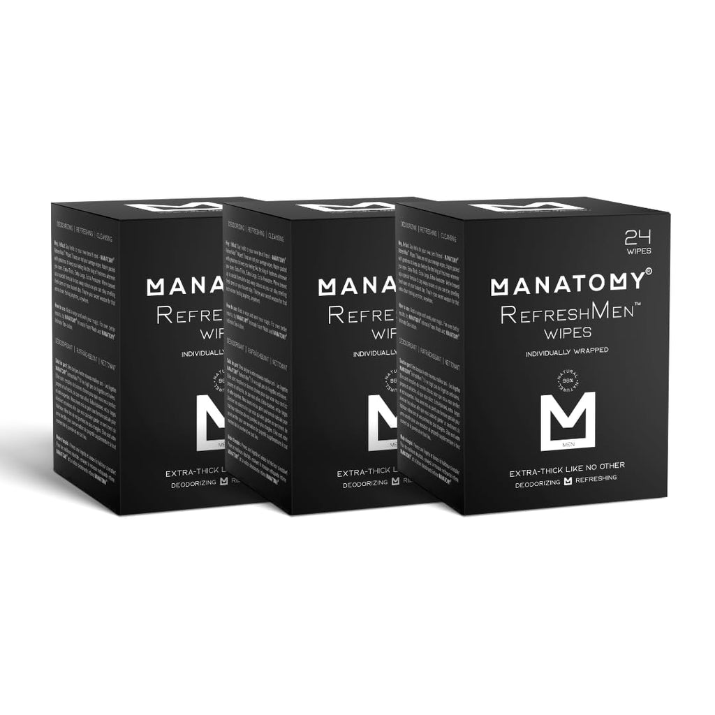 MANATOMY® RefreshMen Wipes, On-the-Go Individually Wrapped Hygiene Wipes, Refreshing and Hydrating Body Wipes with Aloe Vera & Chamomile, Extra-Thick & Large, Designed for Men, Value Pack, 3 X 24ct = 72 Individually Wrapped Wipes Total