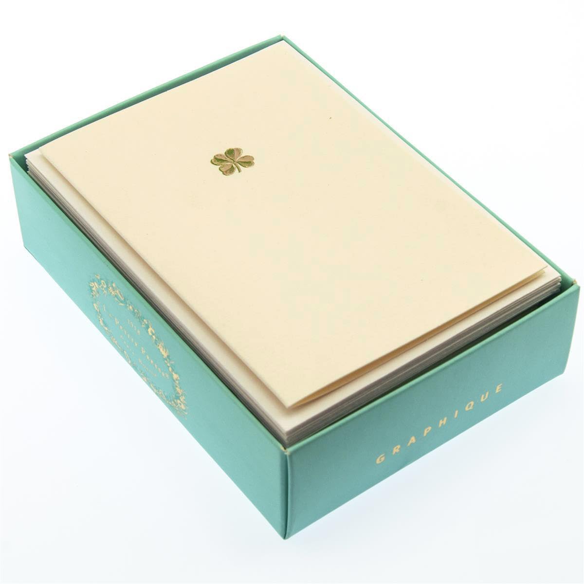 Graphique Shamrock La Petite Presse Boxed Notecards, 10 Embellished Gold Foil Blank Cards with Matching Envelopes and Storage Box, 3.25" x 4.75"