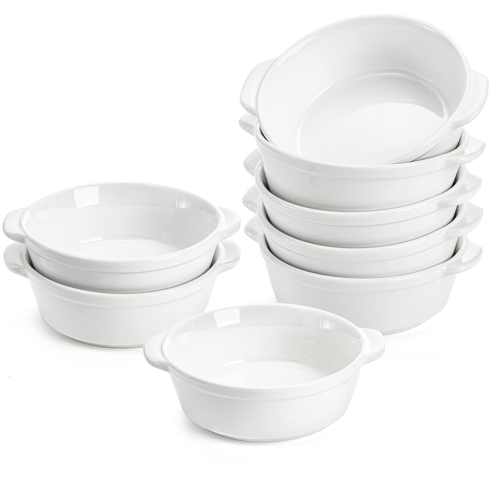 Foraineam 8 Pack 10 Ounce Porcelain Souffle Dishes with Double Handles Round Ramekins Bakeware Set for Pudding, Creme Brulee, Souffle