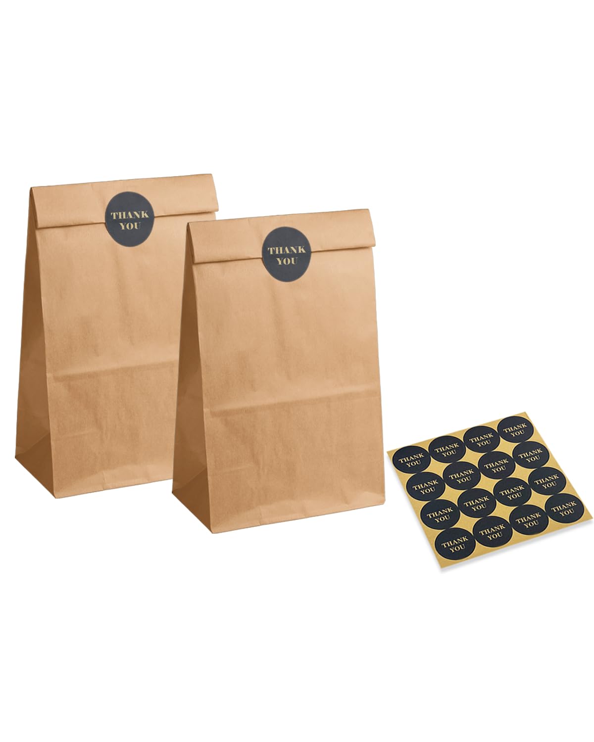 qiqee 100 Pcs Brown Treat Paper Bags with 100 Stickers 5.1"x3.1"x9.4" Kraft Small Party Gift Bag without Handle