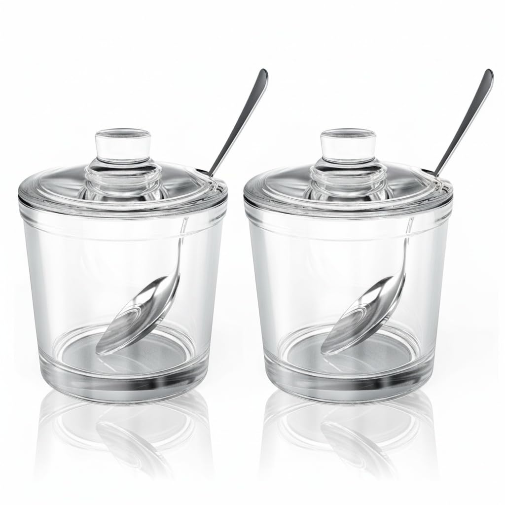 ZEAYEA Set of 2 Clear Glass Sugar Bowl, 6 Ounce Seasoning Box Condiment Pots with Spoon and Lid, Sugar Spice Salt Canister for Home Kitchen, Coffee Bar, Restaurant