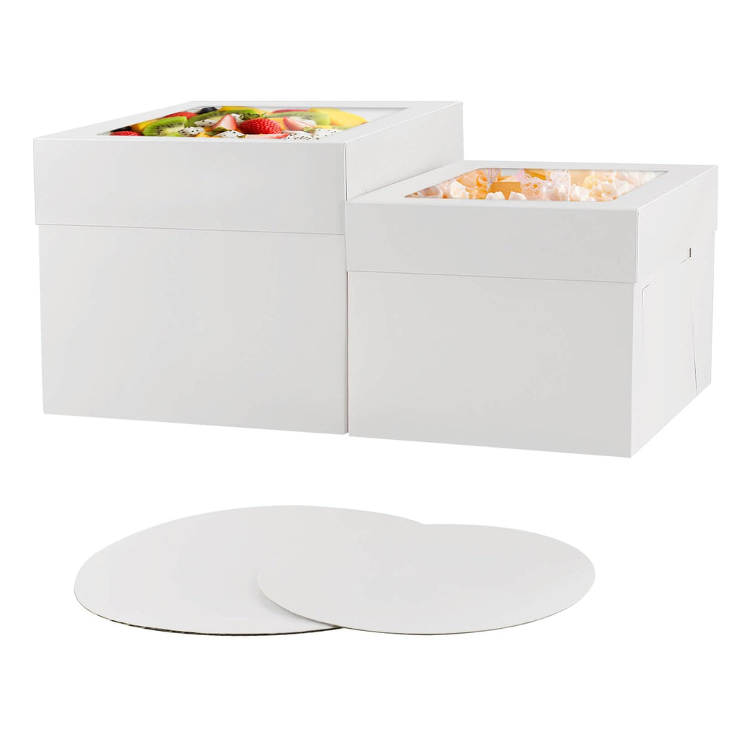 10 Pcs 12x12x10 10x10x8 Cake Boxes Set (5 Boxes & 5 Boards) with Windows Large in 2 Sizes Tall Bakery Boxes Disposable Carrier Take Out Container, Boxes in 2 Tier for Valentine's Day