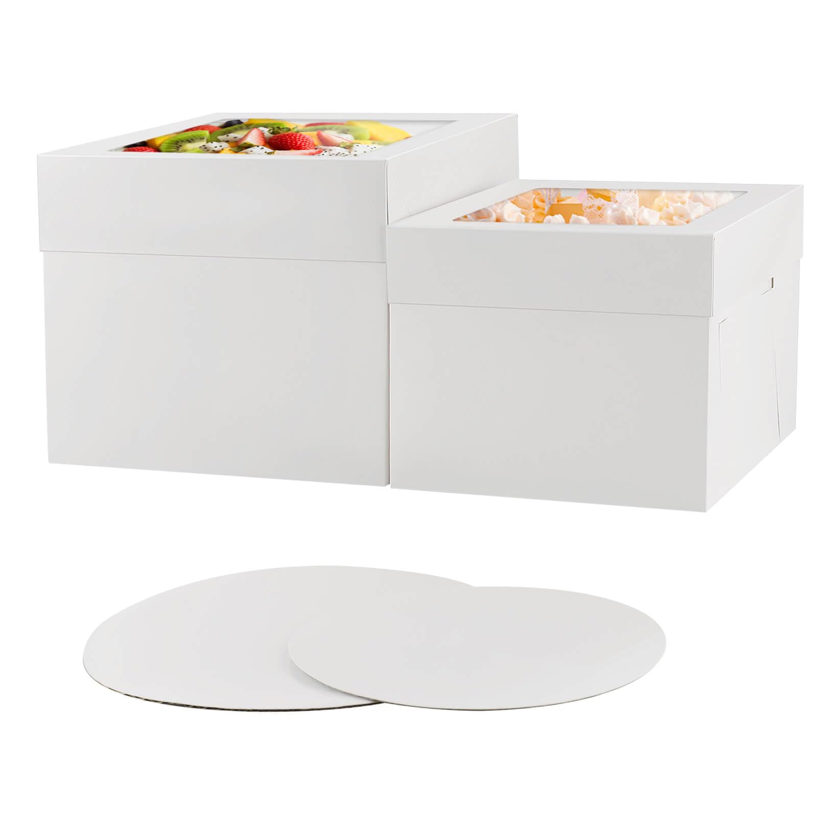10 Pcs 12x12x10 10x10x8 Cake Boxes Set (5 Boxes & 5 Boards) with Windows Large in 2 Sizes Tall Bakery Boxes Disposable Carrier Take Out Container, Boxes in 2 Tier for Valentine's Day