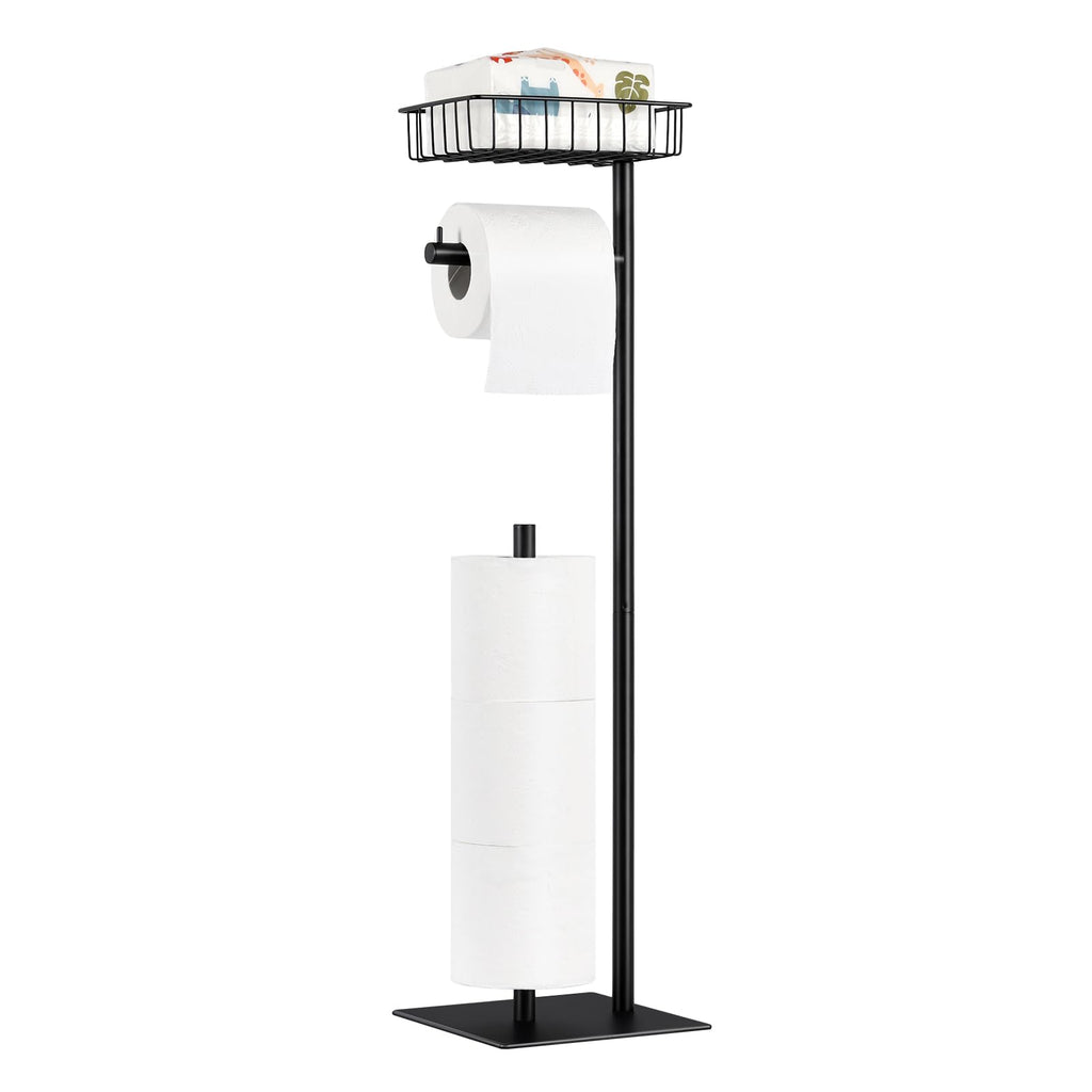 Toilet Paper Holder Stand Free Standing Toilet Paper Roll Holder with Storage Basket Industrial Tissue Holder Dispenser for Bathroom,Matte Black