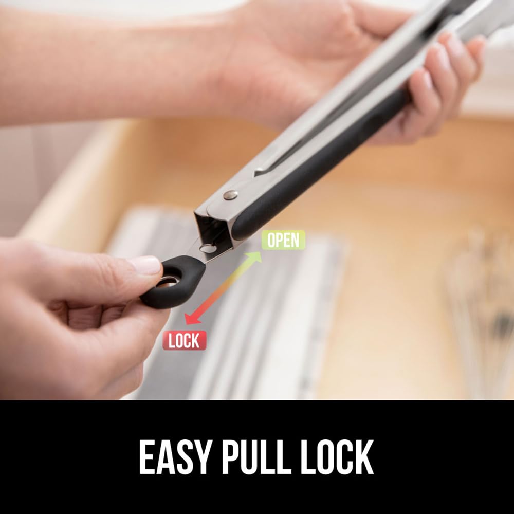 GORILLA GRIP Stainless Steel Silicone Cooking Tongs, Set of 2, Includes 9 and 12 Inch Locking Kitchen Tong, Heat Resistant Tip, Strong Grip for Grabbing Food, Perfect for Nonstick Pans, BBQ, Black