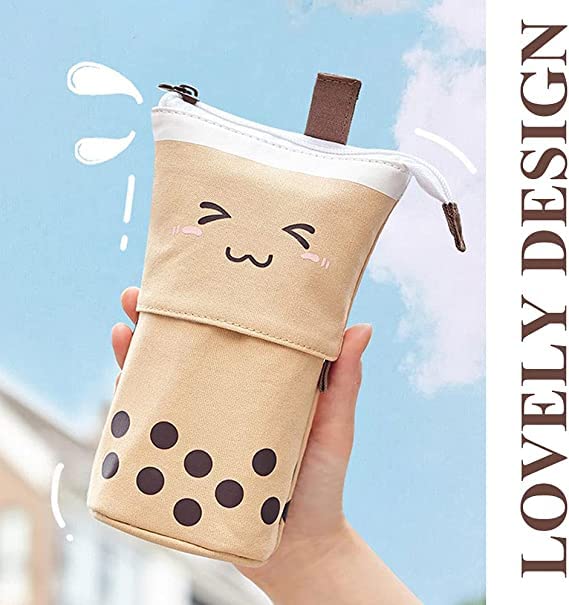 2 Pack Cute Pencil Case Standing Pen Holder Standing Pencil Case Cute Telescopic Kawaii Stationery Pouch Makeup Cosmetics Bag for School Students Office Women Teens Girls Boys,Pink&Brown