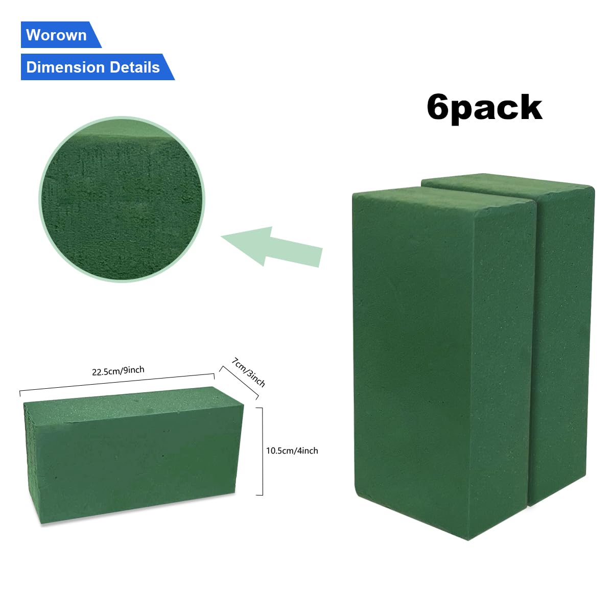 Worown 6 Pack Floral Foam Blocks, Green Foam for Flower Arrangements, Flower Foam Blocks for Wedding, Showroom and Garden Decorations (9 x 4 x 3 Inch)