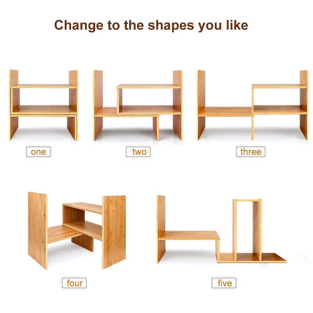 Widousy Adjustable Natural Wood Desktop Bookshelf Bamboo Desk Storage Organizer Display Shelf Rack, Counter Top Bookcase