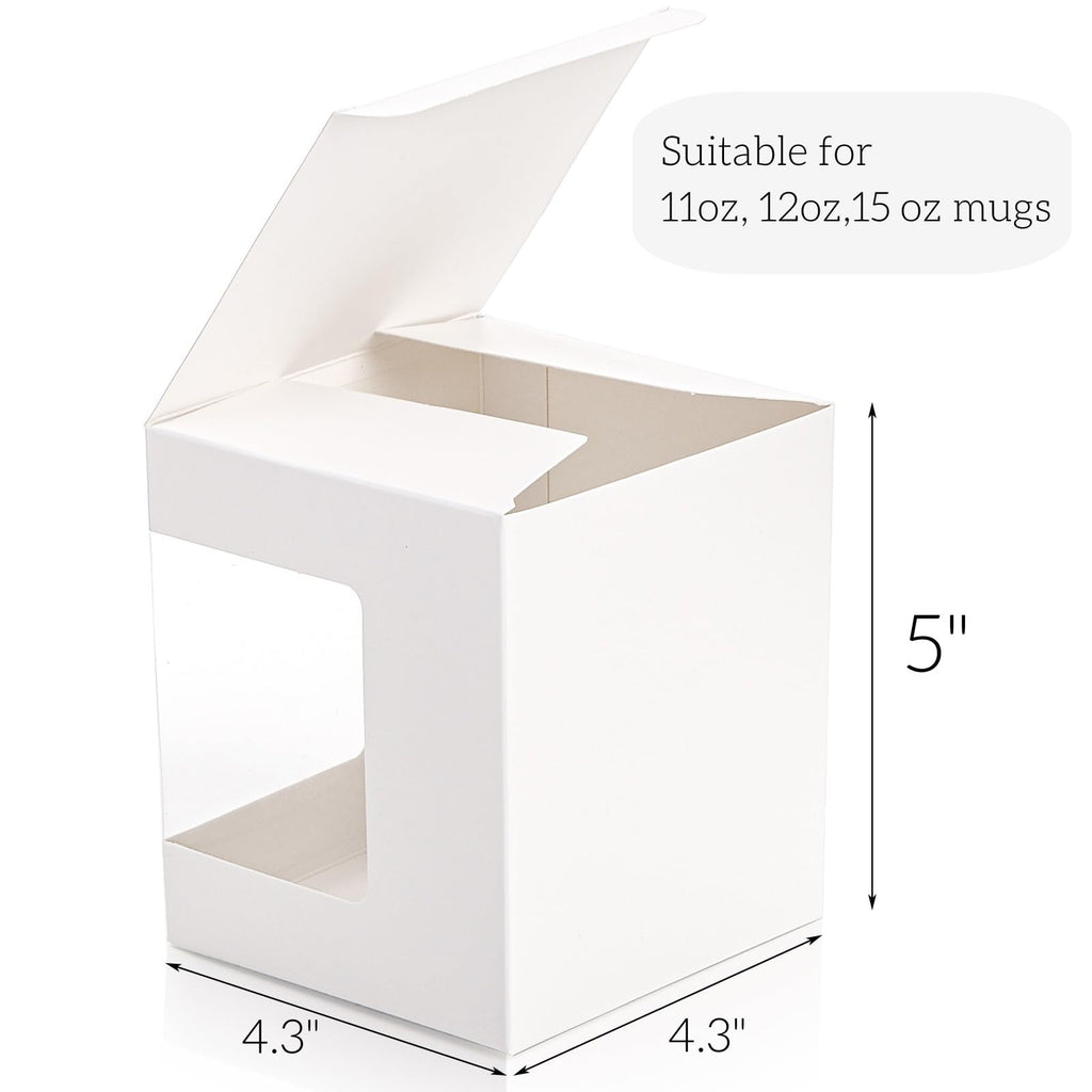 AVLA 50 Pack Gift Boxes for Sublimation Mugs, 4.3x4.3x5'' Small White Packaging, 12OZ 15OZ Transparent Cups Wrapping With Clear View Window, Cupcake Christmas Ornament Box for Wedding