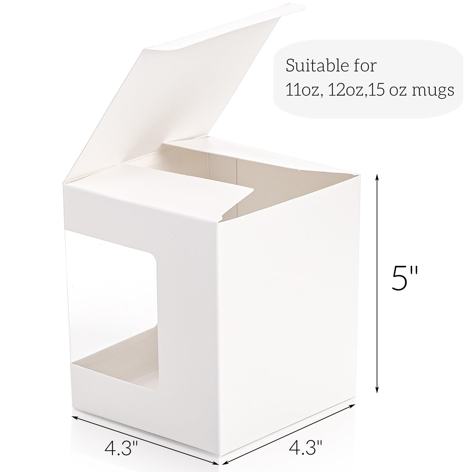 AVLA 50 Pack Gift Boxes for Sublimation Mugs, 4.3x4.3x5'' Small White Packaging, 12OZ 15OZ Transparent Cups Wrapping With Clear View Window, Cupcake Christmas Ornament Box for Wedding