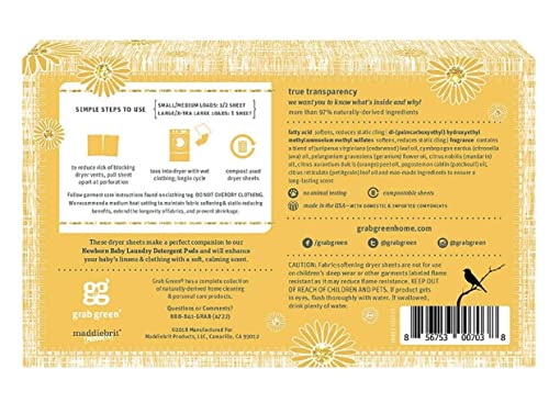 Grab Green Newborn Baby Dryer Sheets, 120 Sheets, Chamomile Scent, Plant and Mineral Based, Compostable, Softens Clothing and Linens, Reduces Static Cling