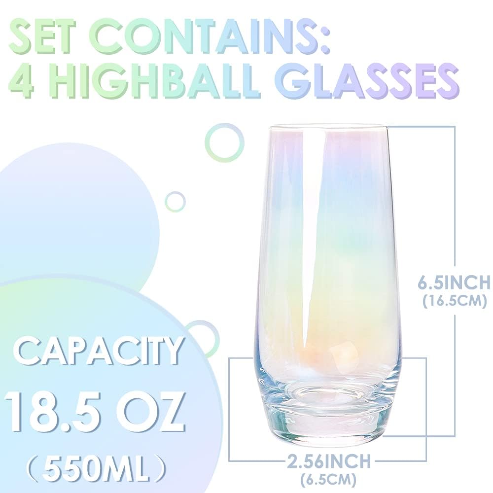 Swetwiny Colorful Highball Glasses, 18.5 Ounce Iridescent Glassware Set of 4 Lead-Free Crystal Glassware Drinking Glasses Set for Mixed Drinks, Water, Juice, Beer, Cocktail