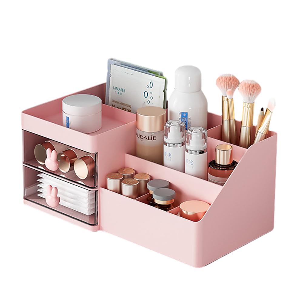 Haiansan Makeup Organizer for Vanity, Cosmetic Storage Box with Drawer, Desktop Organizer for Office Supplies, Bathroom Counter or Dresser, Gift for Girlfriend Wife Women Lady Girl (Pink)
