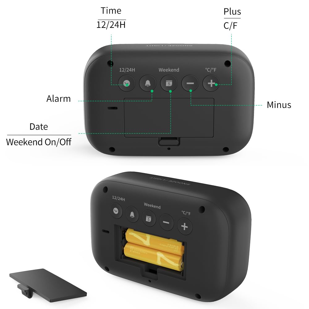DOOMAY Digital Alarm Clock Bedside - Battery Powered Clock with LCD Display Volume Adjustable Snooze and Weekend Mode for Bedroom Office Desk Travel (Black)
